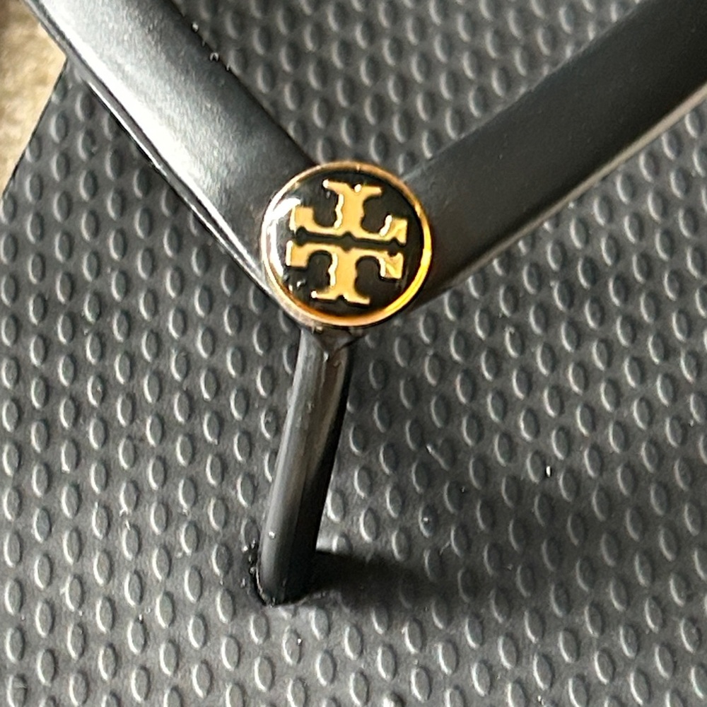 Tory Burch Black Flip-Flops with Gold Logo Sz 8
